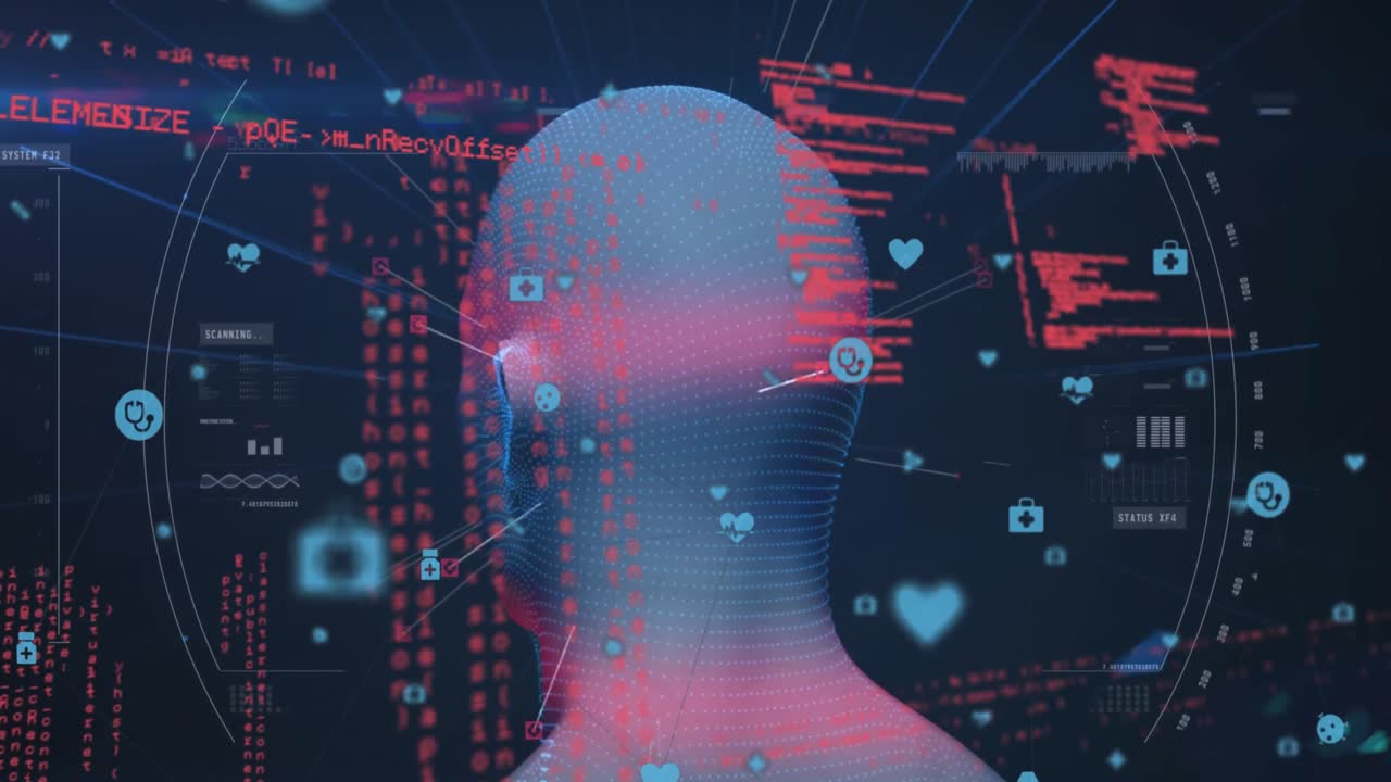 추상적인 배경 위에 아이콘과 컴퓨터 언어로 빛나는 인간의 얼굴의 애니메이션