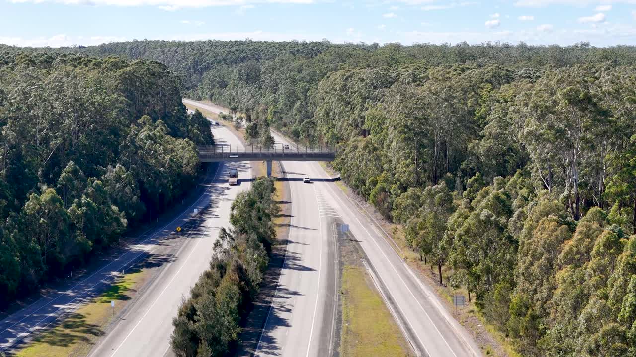 Drone footage looking north over the Pacific Highway in northern New South Wales