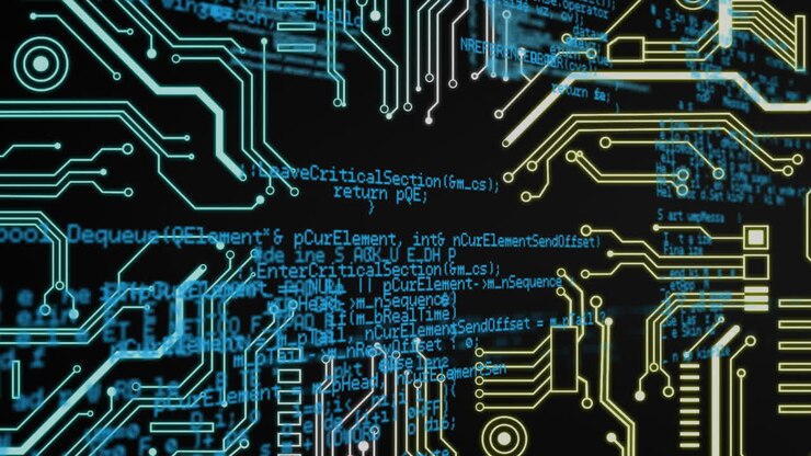 Animation of digital data processing and circuit board over black background