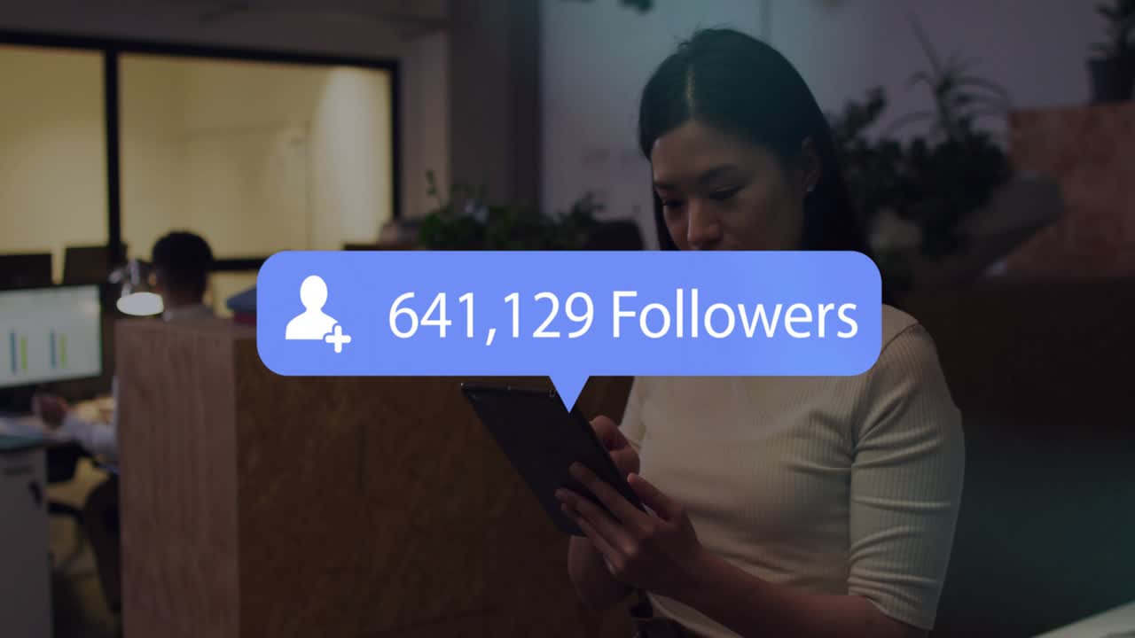 Woman reading tab while blue follower bubble appearing counts rising tapping tracking social growth