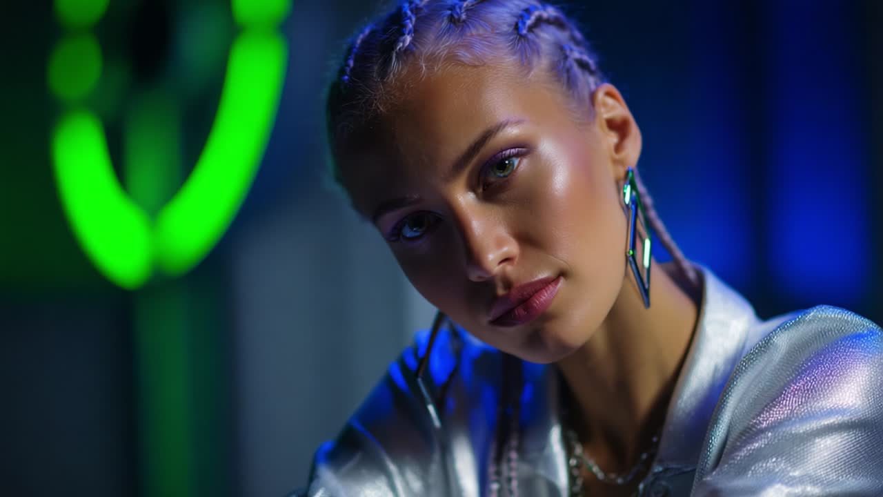 A captivating portrait showcasing a stylish individual with braided hair dressed in trendy attire, illuminated by vibrant green and blue lighting, emphasizing her striking features and alluring expression