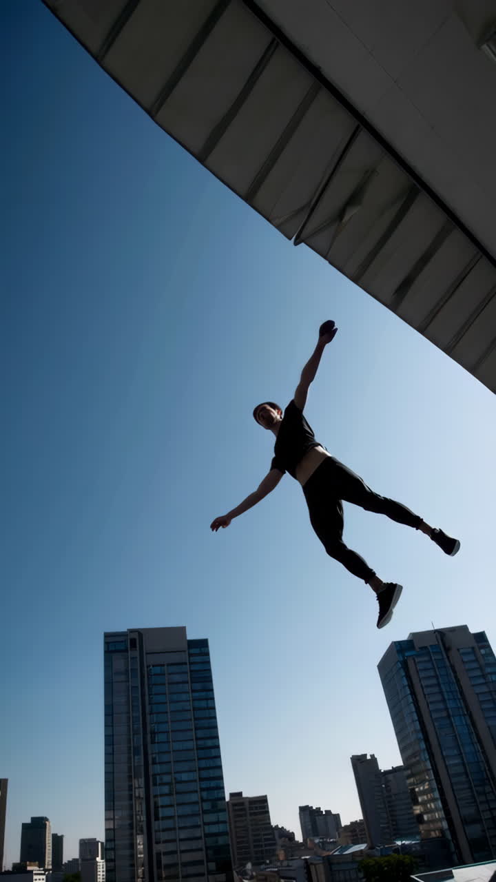 Acrobatic Silhouette Jumps in Urban Sky