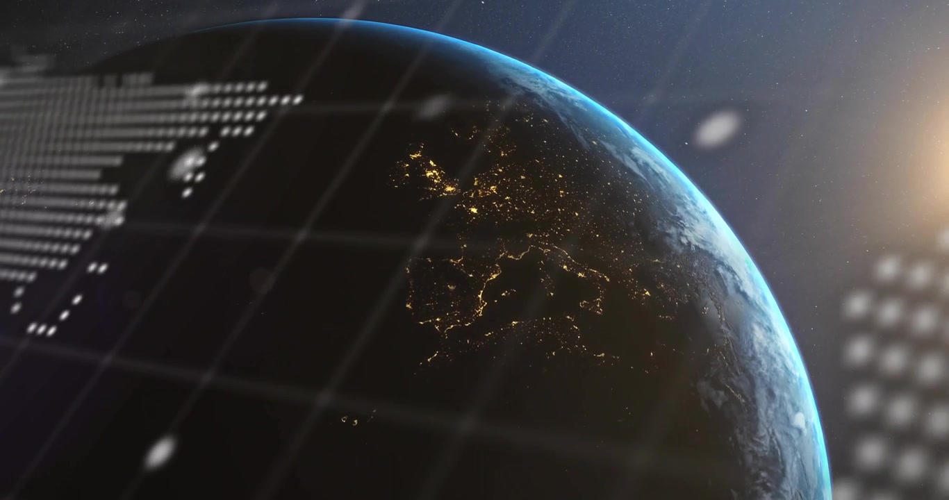 Dotted Earth globe emerging from shadow rotating while scrolling code snippets displaying data flow