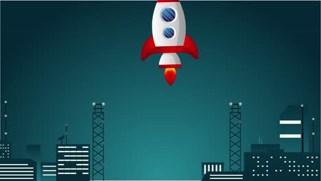 Animated,-Illustration-of-a-Cartoon-Rocket-Taking-Off-Depicting-the-Launch-of-a-Product,-Service,-or-Career-with-an-Urban-City-Background