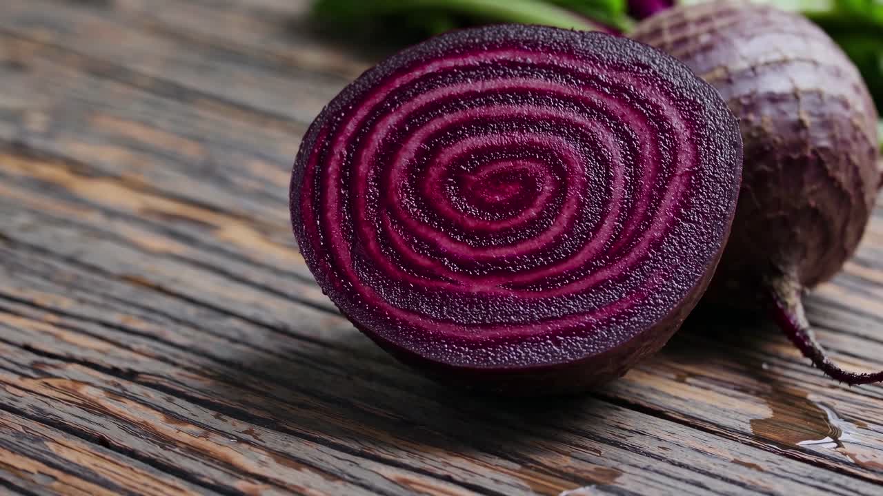 Close-up video of a sliced beetroot on rustic wooden surface