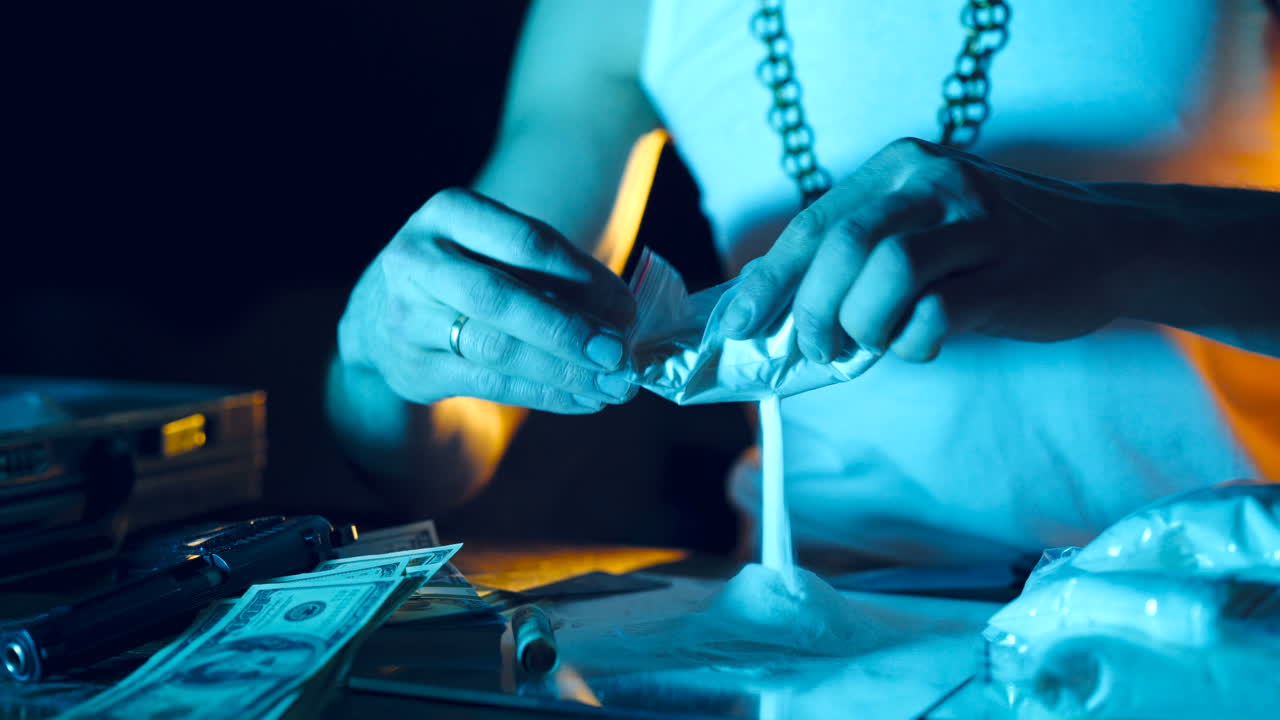 Drug dealer takes a package with a drug and cuts it with a knife to sample it. Abuse of drugs. Criminal Business