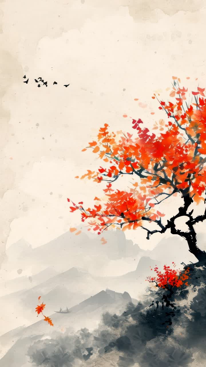 Elegante paesaggio ad acquerello con albero autunnale, ripreso da una angolazione bassa, ideale per sfondi video
