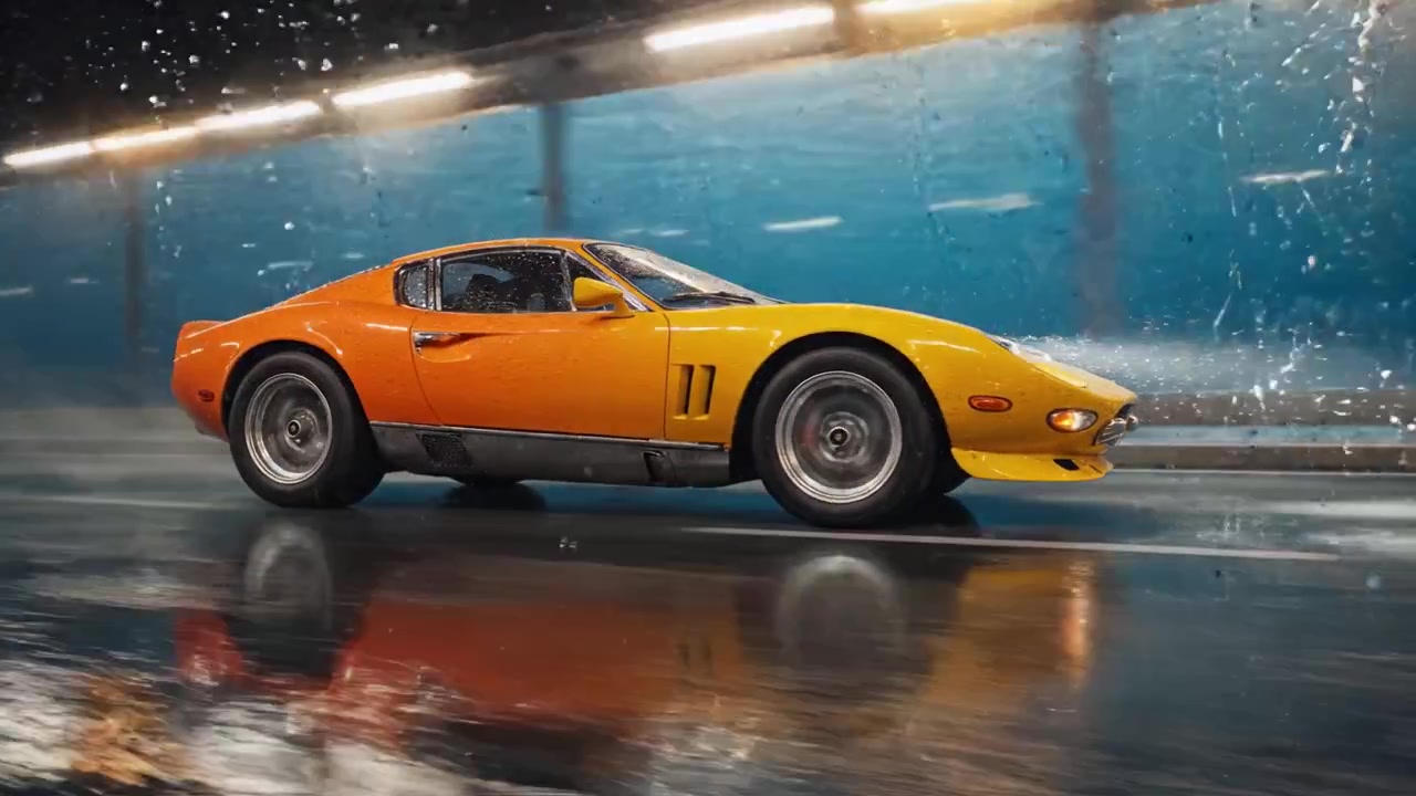 En dynamisk skildring af en levende orange sportsvogn, der sprøjter gennem en regnvåd tunnel, og viser dens slanke design og kraftfulde ydeevne mod en dramatisk baggrund.