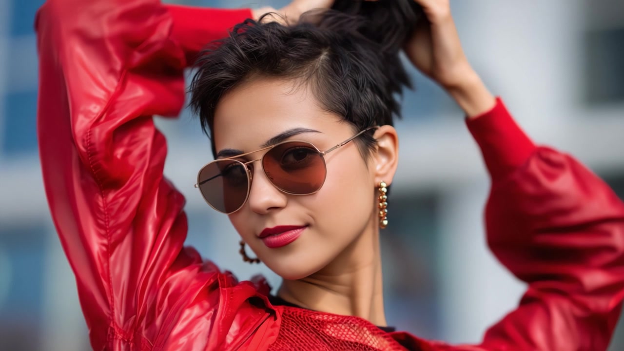 Giovane donna sicura di sé con un'elegante giacca rossa e occhiali da sole posa per la fotocamera con un tocco alla moda e un'atmosfera moderna in un contesto urbano.
