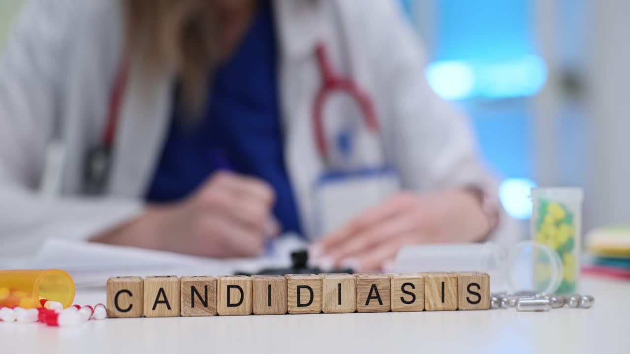 Wooden blocks spell candidiasis near doctor writing notes