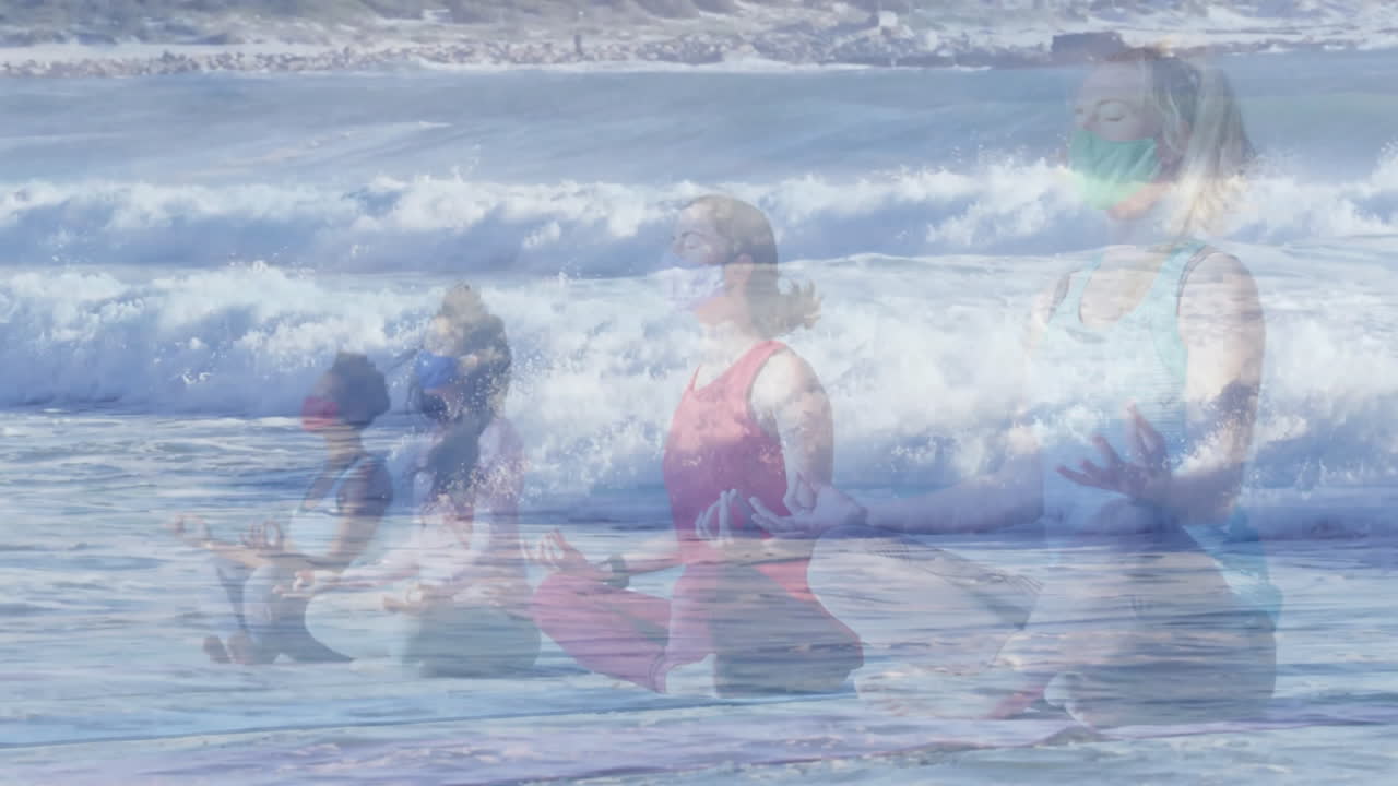 health marketing showing women meditating on beach wearing masks, yoga mats overlaying chart rising
