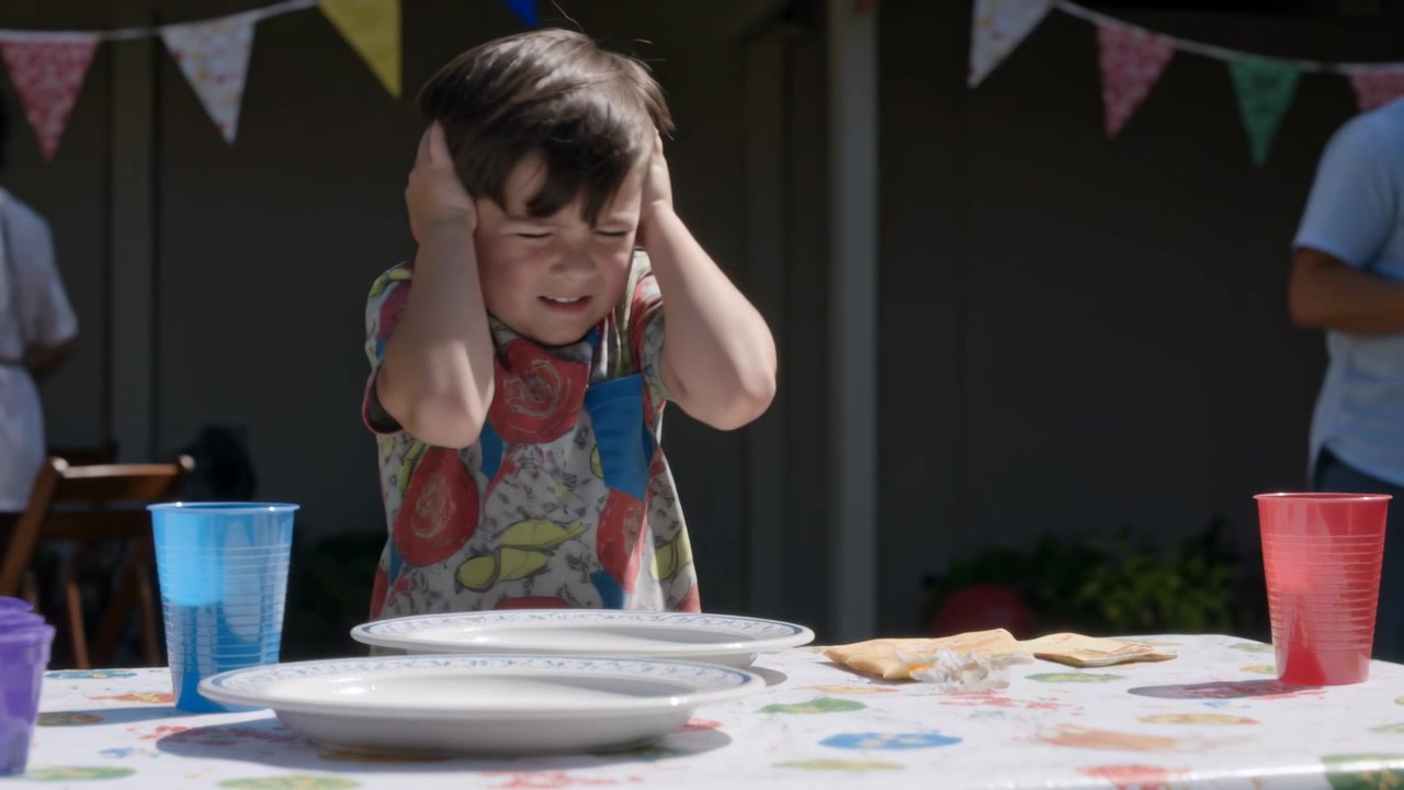 Reacting to drifting yellow balloon, colorful-tee boy fearing pop covering ears at backyard table