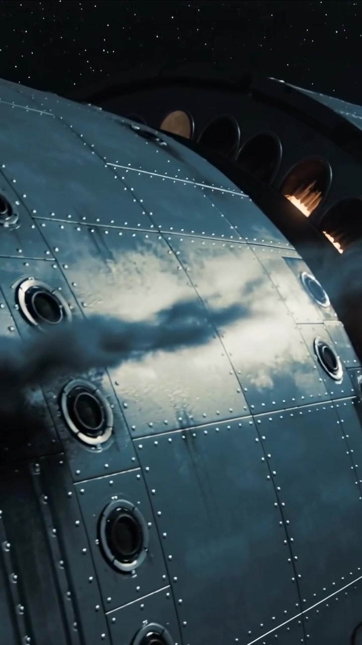 Vertical video: Firing nozzle, riveted hull emitting flame jet past ports, leaving smoke in space