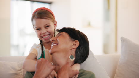 grandmother, girl and embrace with smile