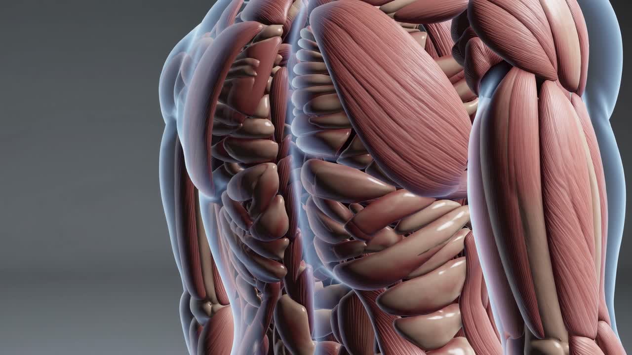 Illustrazione della vista laterale del sistema muscolare umano, che mostra l'anatomia dettagliata