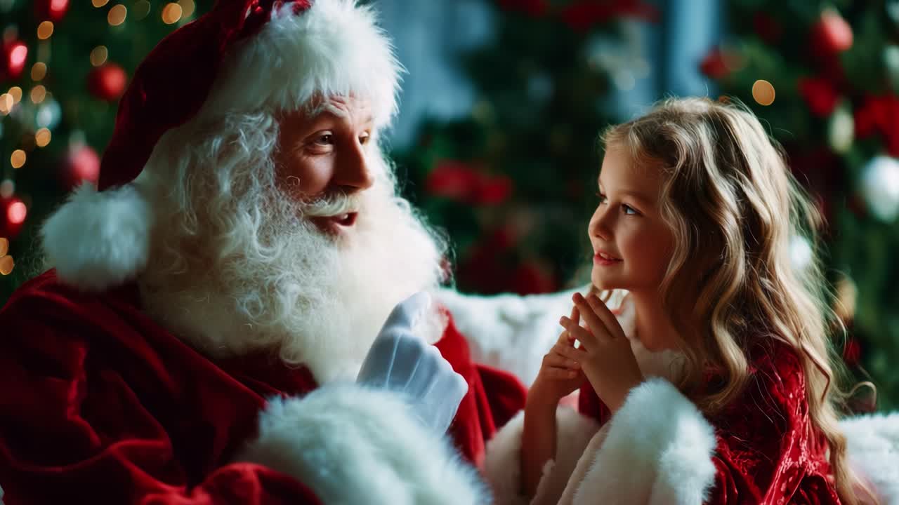 A Heartwarming Encounter Between Santa Claus and a Joyful Young Girl, Eagerly Sharing Secrets and Dreamy Wishes During a Festive Holiday Celebration Surrounded by Glittering Decorations and Christmas Cheer