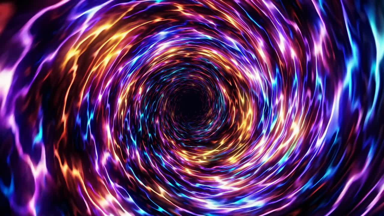 Animazione astratta e colorata di un tunnel di luce vorticoso.