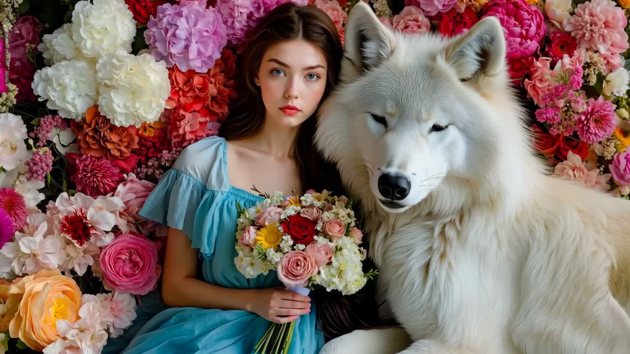 하 대 에 꽃 어리를 들고 있는 파란색 드레스를 입은 여자