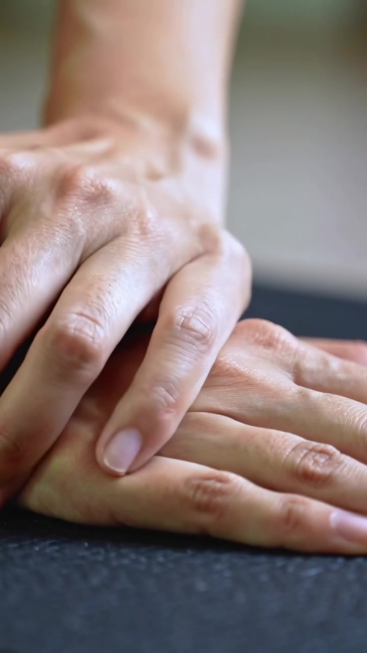 Vertical video: Placing palms, hands with bare arm shifting, pressing, rubbing on dark mat for yoga