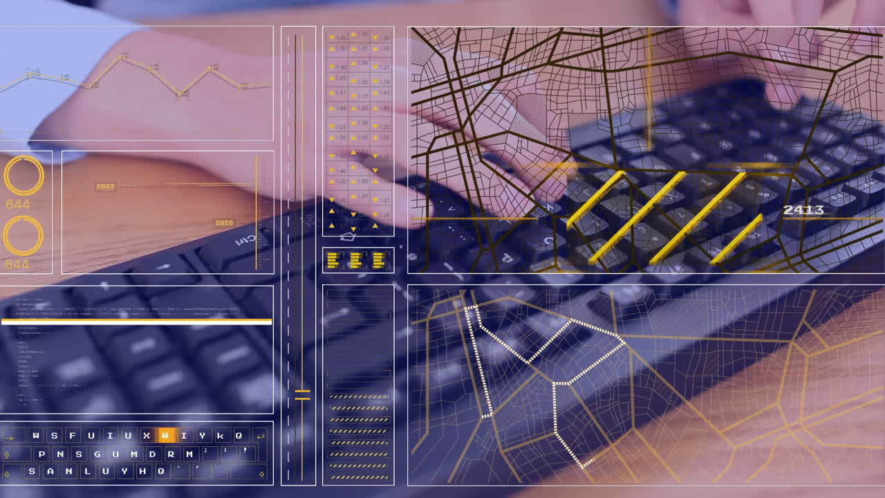 animazione dell'elaborazione dei dati finanziari su un uomo caucasico usando la tastiera del computer.