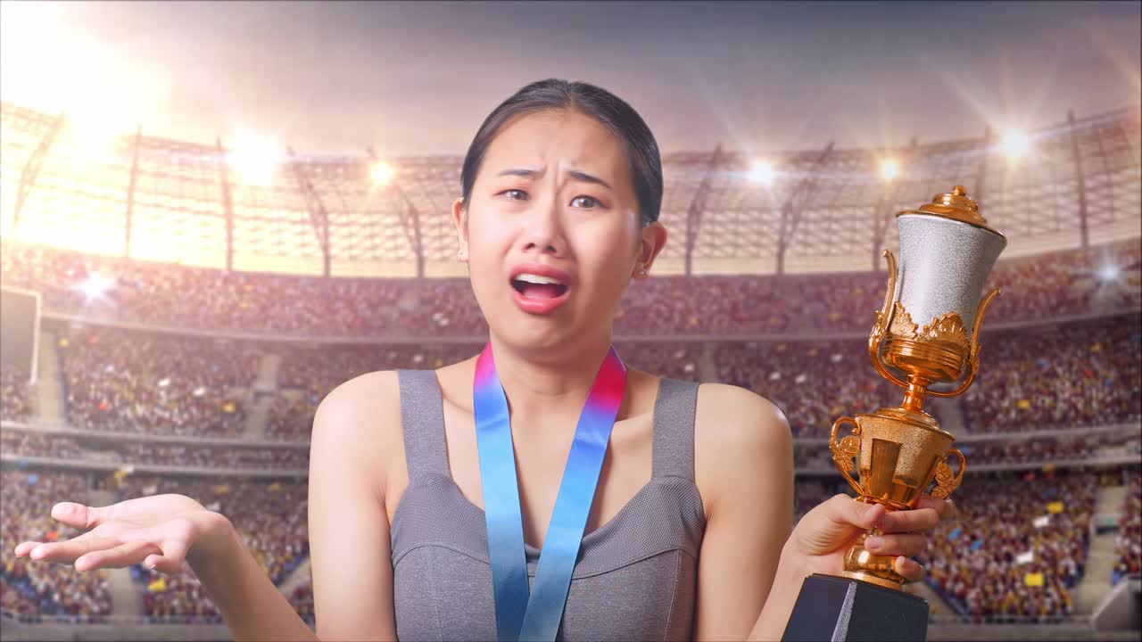 un primer plano de una mujer asiática con una medalla de oro mirando el trofeo con dudas en el estadio.
