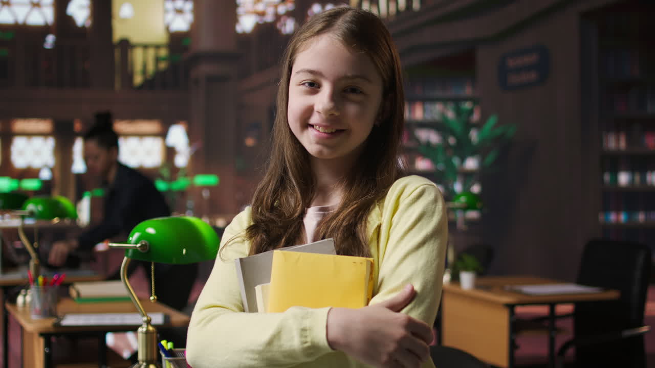 Smiling Girl in Library with Books