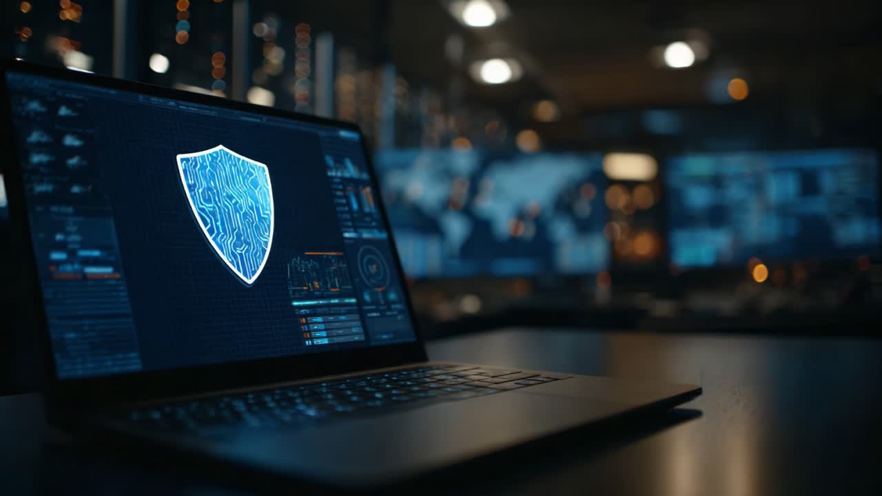 A close-up view of a laptop displaying a digital shield emblem, symbolizing cybersecurity, with intricate circuitry graphics and an array of data screens in the background