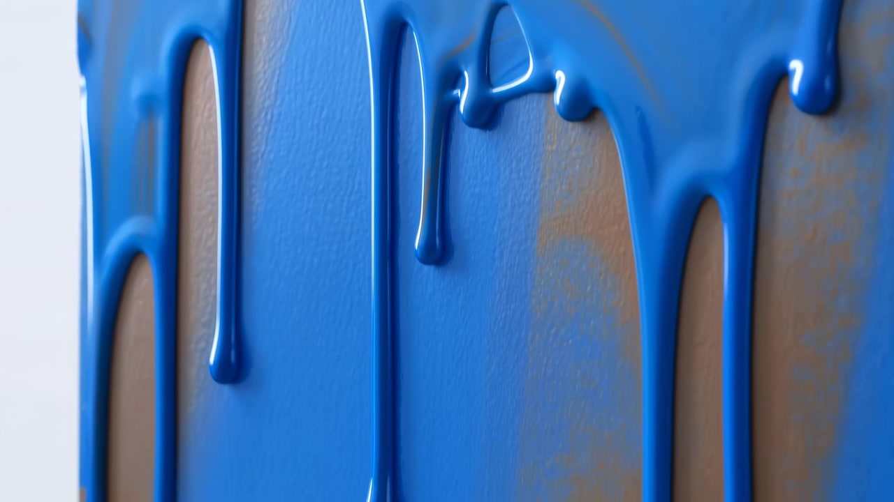 Pittura blu che gocciola lentamente a metà sequenza, coprendo una superficie verticale con rivoli lucidi ed esposti