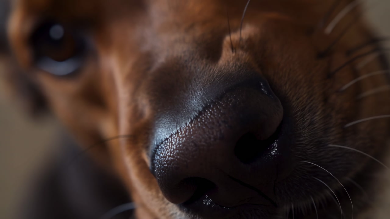 Closeup Dog Nose Sniffing Texture, Macro Portrait Of Brown Dachshund Nose With Visible Whiskers, Moist Black
