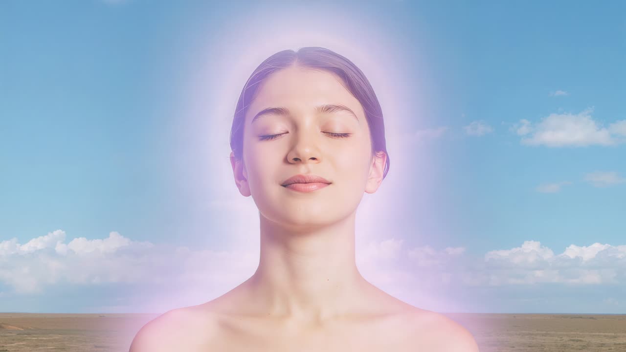 Opening eyes and smiling, bare-shouldered Asian woman reacting to halo appearing over open plain