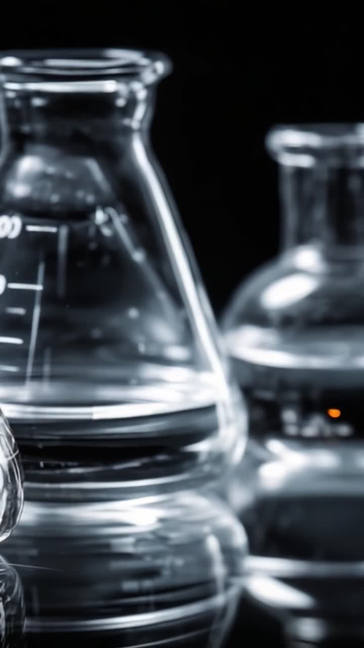 Aesthetic Close-up of Laboratory Glassware Reflecting Light, Featuring Beakers and Flasks with Clear Liquid, Emphasizing Scientific Experimentation and Chemical Analysis