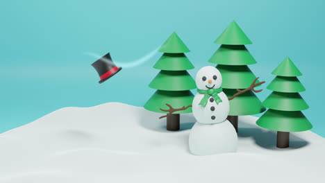 animation of christmas fir trees and snowman over green background