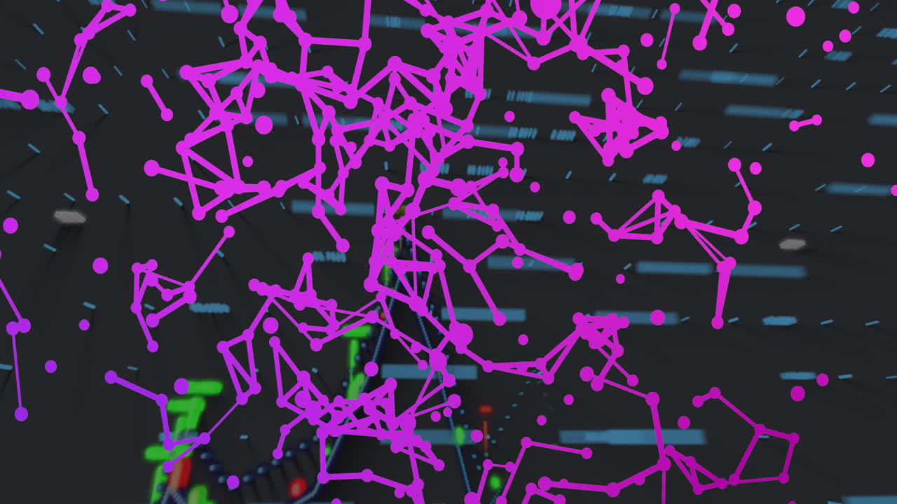 3D magenta network graph flowing across backdrop with blurred cyan code streaks and scattered data