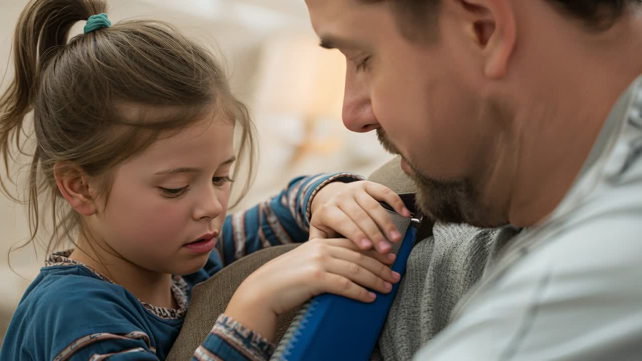 Niña con top azul mirando hacia arriba y ajustando la hebilla de un arnés azul acolchado en el sofá, mientras su padre sujeta la correa.