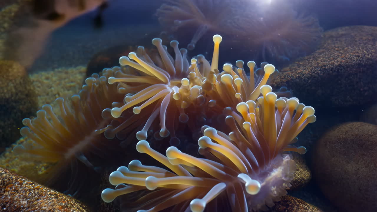 Close-up of vibrant sea anemones with glowing tentacles underwater