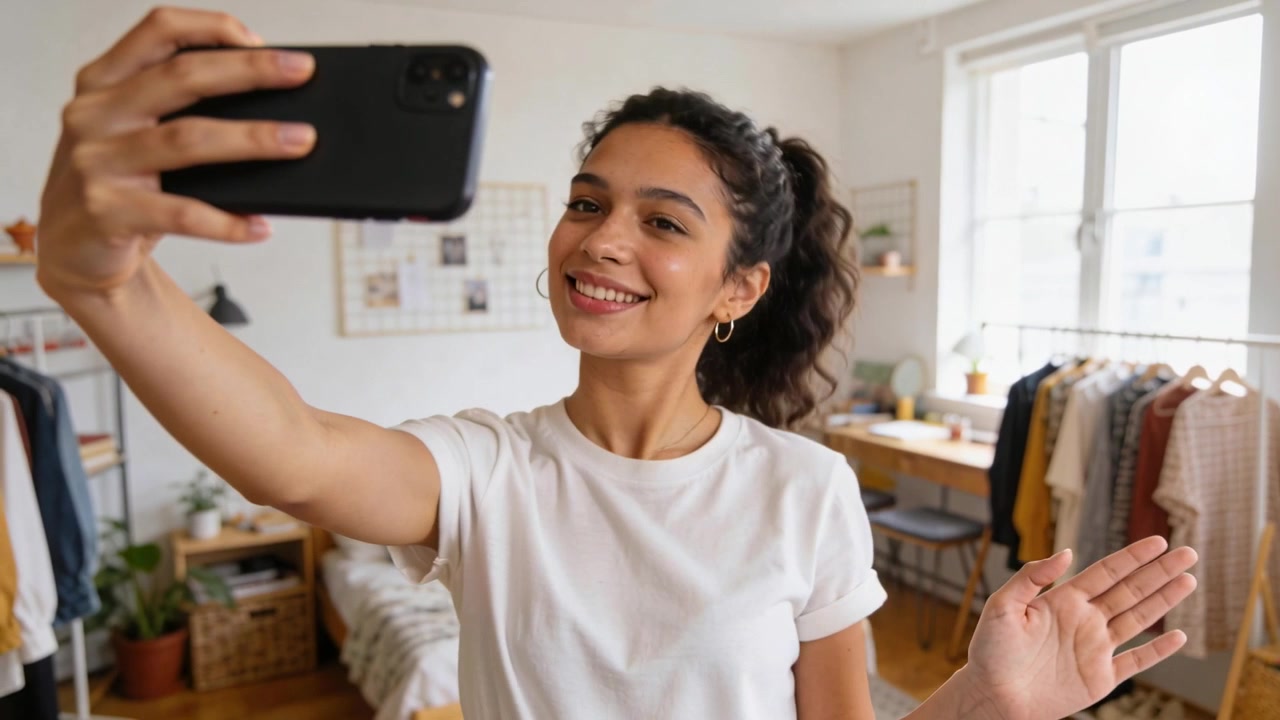 Premendo "registra", una donna si inquadra con lo smartphone, sorridendo e salutando in camera da letto, realizzando un video.