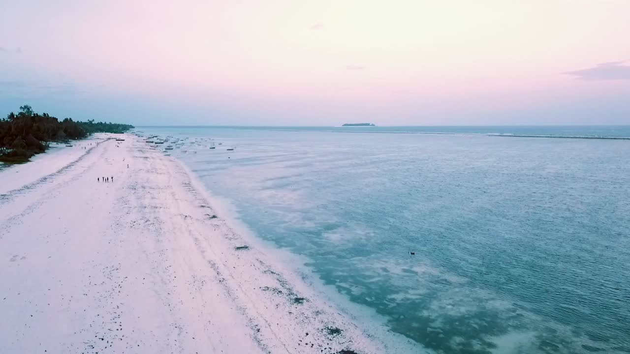 Spectacular aerial flight fly from up to down crane drone shot at sun set dusk on empty close paradise white sand dream beach Zanzibar, Africa 2019. Cinematic wild nature 1080, 60p by Philipp Marnitz