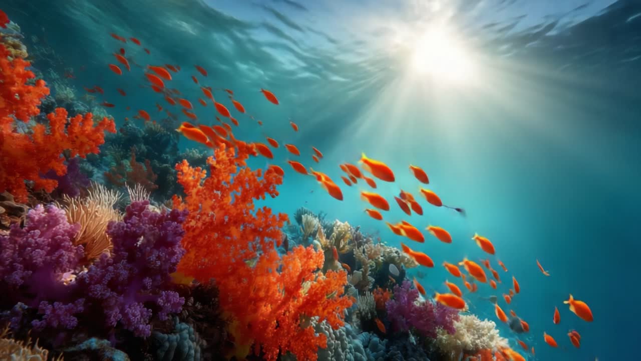 A Stunning Marine Wonderland: Vibrant Coral Reefs and Exotic Fish Glimmering Beneath Sunlit Waters, Showcasing Nature's Colorful Undersea Ecosystem