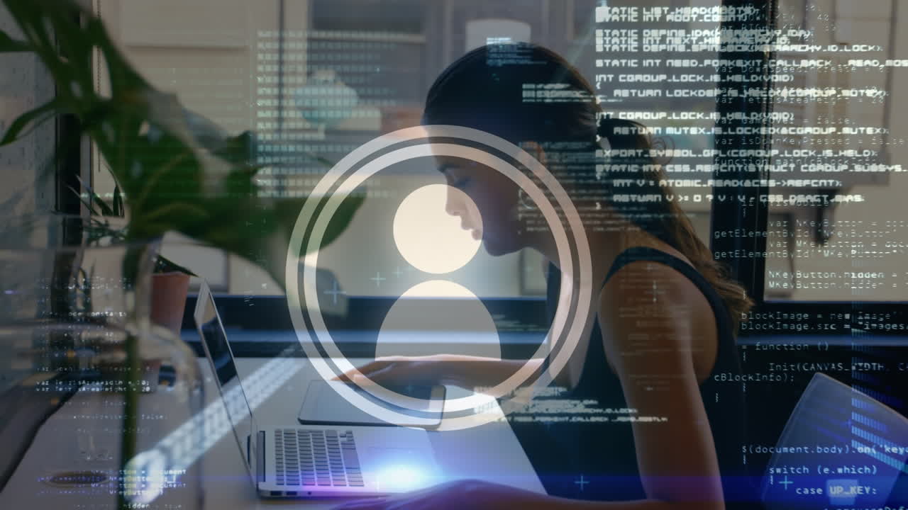 Animation of data processing and icon over caucasian businesswoman using laptop