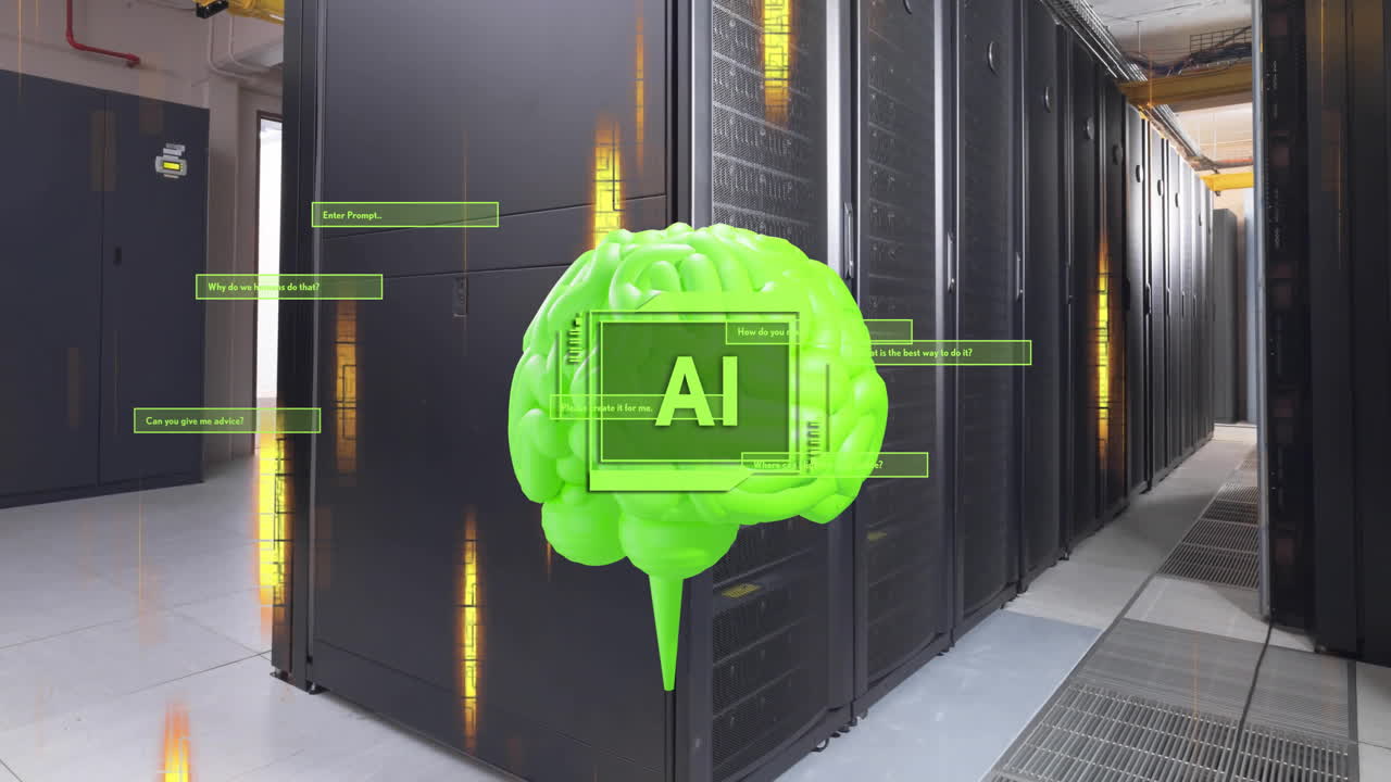 Animation of ai text, brain and data processing over computer servers