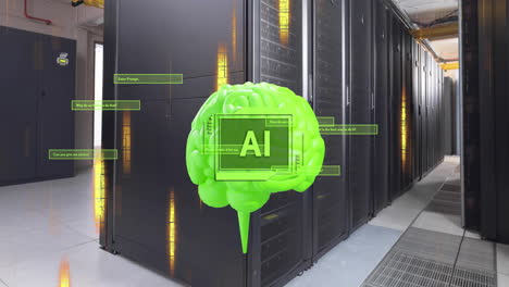 animación de un texto, cerebro y procesamiento de datos a través de servidores informáticos