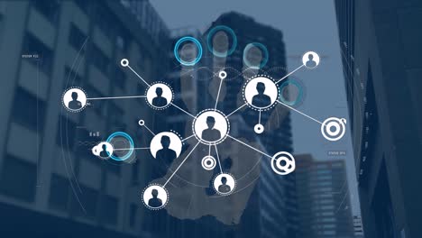 animation of data processing and network of connections over biometric handprint