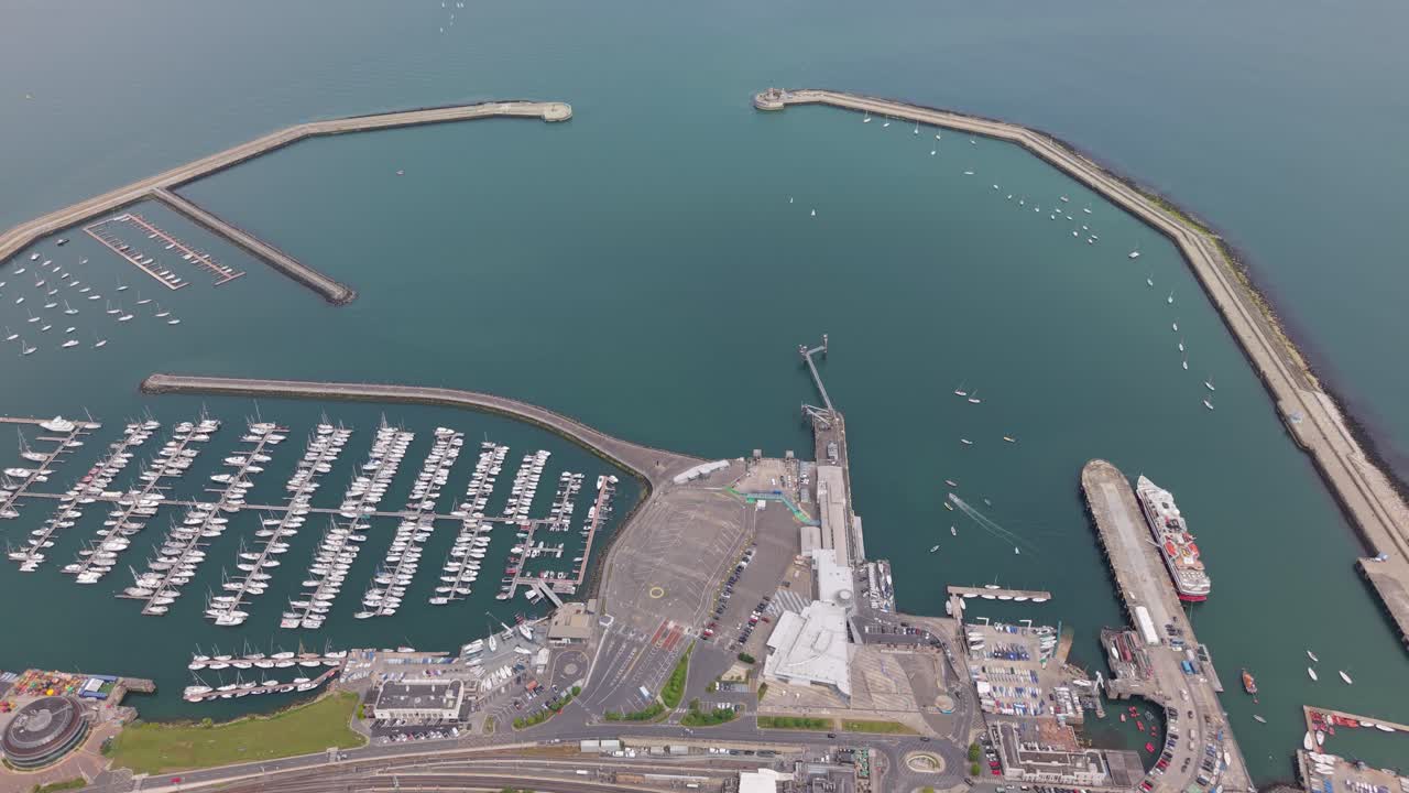 Aerial view of Dún Laoghaire harbor in Dublin, showcasing boats and docks