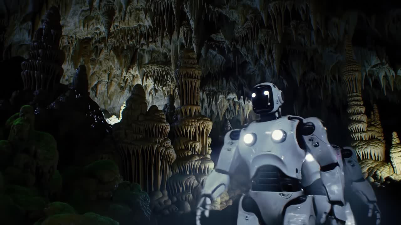 Explore the Depths: A Robot's Journey Through a Mysterious Cave Filled with Stalactites and Stalagmites, Illuminating an Uncharted Underworld