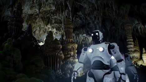 explore the depths: a robot's journey through a mysterious cave filled with stalactites and stalagmites, illuminating an uncharted underworld