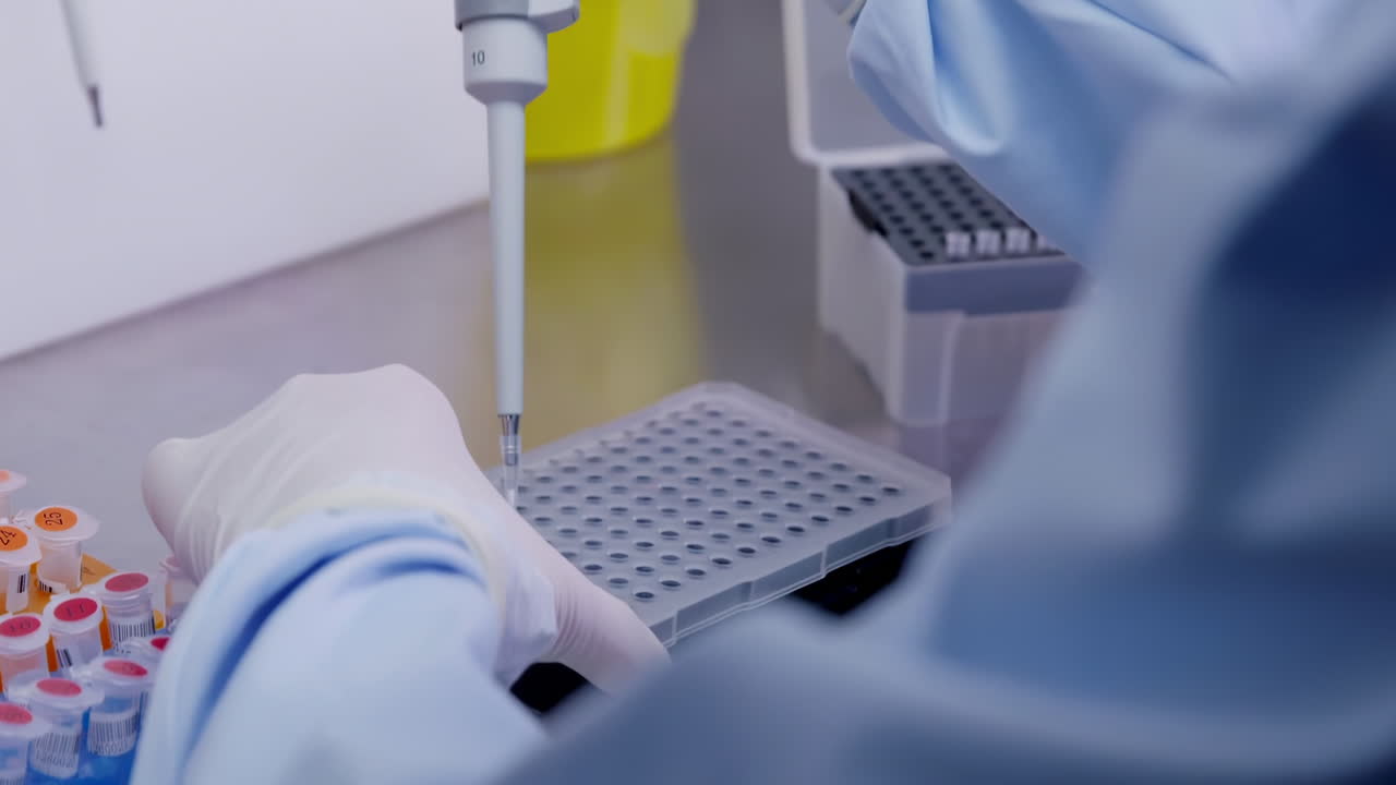 Medical Scientist or researcher use Suction Pipette dispensing Liquid test into 96 wells plate at modern laboratory cleanroom environmental facility setting