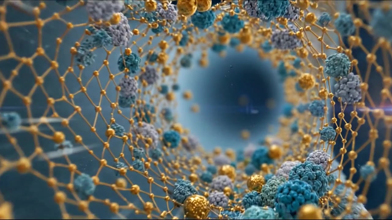 Mikroskopisk visning av nanoteknologipartikler som beveger seg gjennom en rørformet struktur