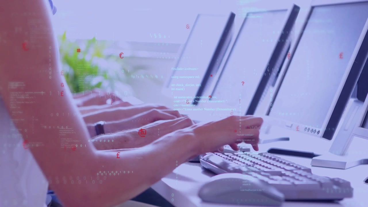 Tech team typing and clicking mice at long desk, handling alerts with overlays appearing over hands
