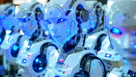 a group of robots with blue eyes standing in a row