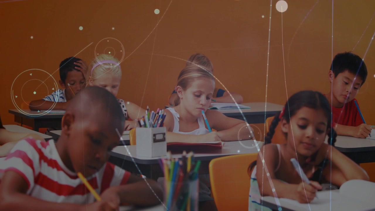 Students writing in classroom education, causing floating orbs and glowing shapes around desks